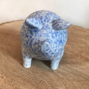 Vintage Blue and white speckled spongeware ceramic pig piggy .